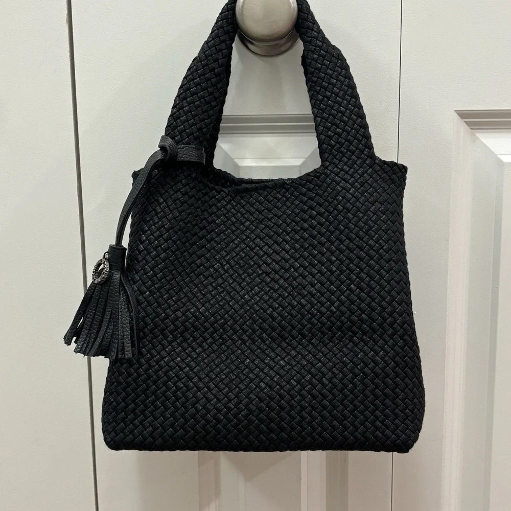 NWOT 120% Lino Italian Black Woven Handbag Mini Tote Logo Tassel
